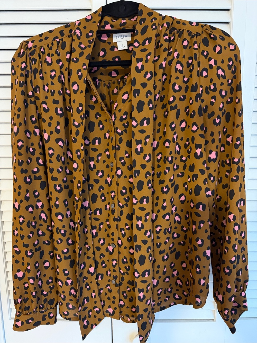J. Crew Factory Brown Leopard Print Tie-Neck Button Down Blouse Medium